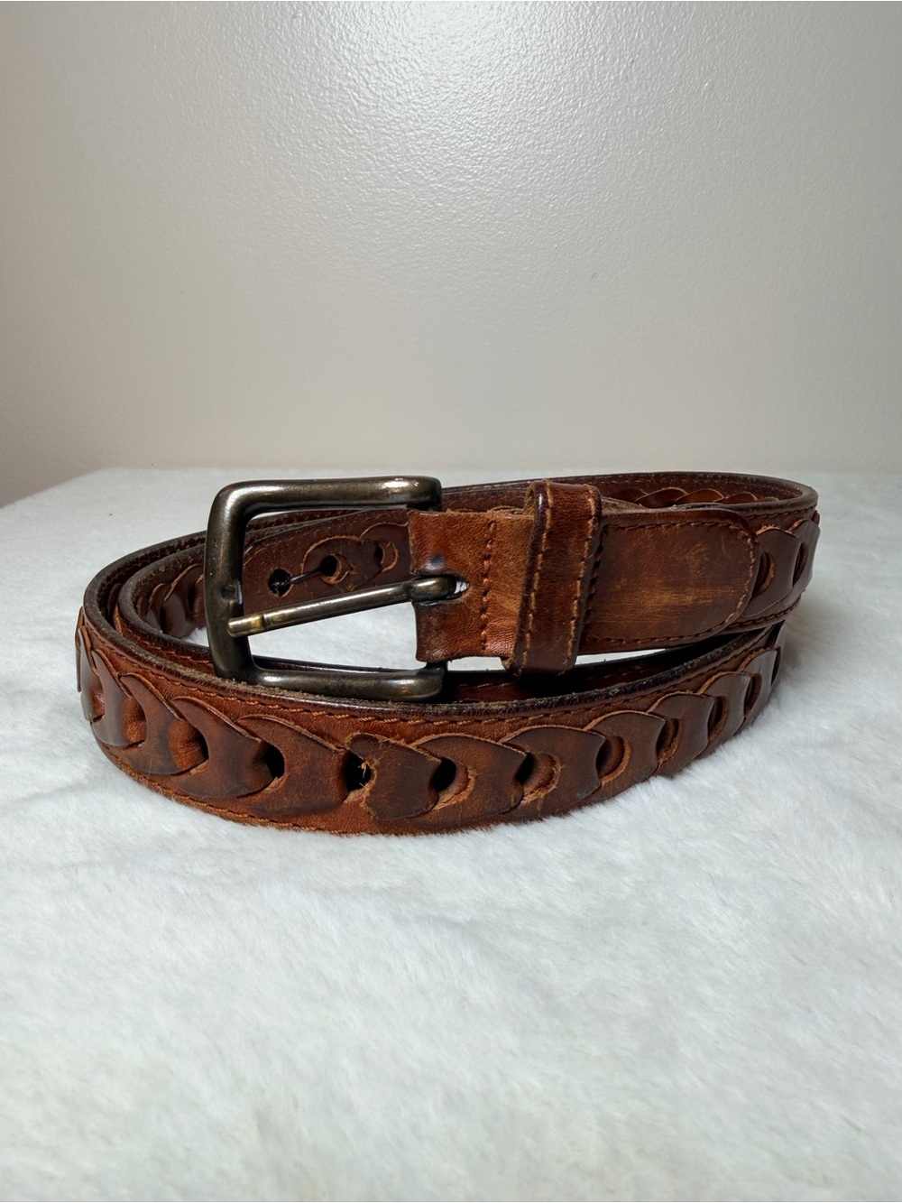Vintage Woven Leather Men’s Belt - Brown Size 46